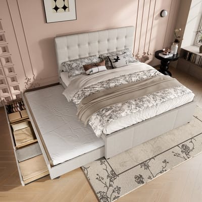 Gestoffeerd bed - 140x200cm - Tweepersoonsbed - Familiebed met drie lades - Uitschuifbaar bed - Verstelbaar hoofdeinde - Zonder matras - Beige