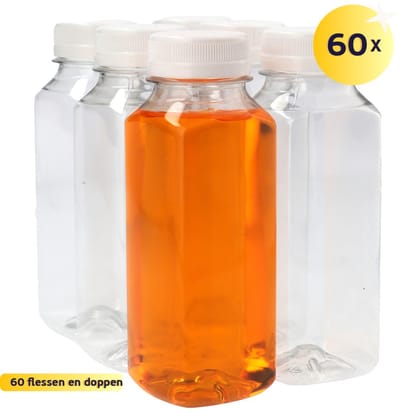 60 x Sapfles Plastic 250 ml - Vierkant - PET Flessen met Dop wit- PET Kunststof BPA-vrij - Plastic Flessen Navulbaar - Met Dop - Lege Flessen - 60 stuks