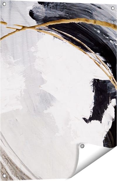 Gards Tuinposter Abstracte Kunst - Wit met Zwart en Goud - 60x80 cm - Tuindoek - Tuindecoratie - Wanddecoratie buiten - Tuinschilderij