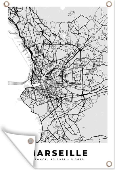 Muurdecoratie Marseille - Plattegrond - Frankrijk - Kaart - Stadskaart - 120x180 cm - Tuinposter - Tuindoek