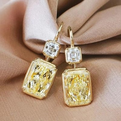 Huitan Eenvoudige Stijlvolle Vierkante Gele Zirkonia Haakoorbellen Luxe Gouden Kleur Dames Bruiloft Hangende Oorbellen Mode Sieraden white