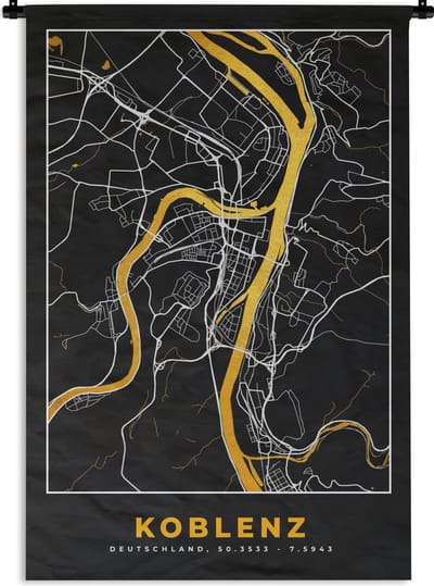 Wandkleed - Wanddoek - Stadskaart – Plattegrond – Duitsland – Goud – Koblenz – Kaart - 120x180 cm - Wandtapijt