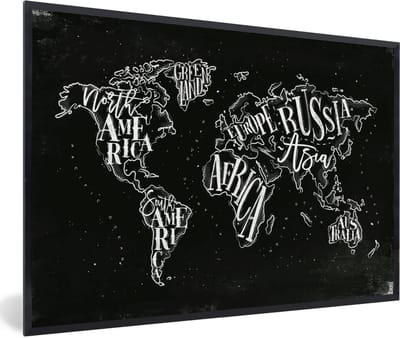 Poster in lijst - Fotolijst 90x60 cm - Posters - Wereldkaart - Simpel - Zwart - Wit - Posterlijst zwart - Decoratie - Wanddecoratie woonkamer - Muurdecoratie slaapkamer