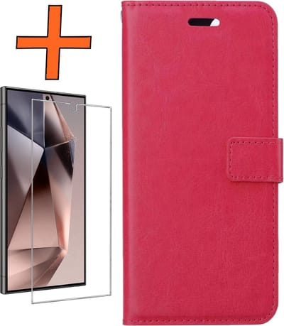 Hoes - Met Screenprotector - Geschikt voor Samsung Galaxy S24 Ultra - Luxe Pasjeshouder - Bookcase Portemonee - Flip Case - Kunstleer Book Case - Flipcase - Book Cover - Walletcase - PortemonneeHoes - Donkerroze