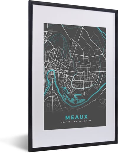 Fotolijst incl. Poster - Plattegrond – Meaux – Stadskaart – Kaart – Frankrijk - 40x60 cm - Posterlijst