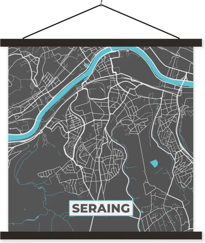 Posterhanger incl. Poster 60x60 cm - Schoolplaat - Plattegrond – Seraing – Blauw – Stadskaart - Kaart - Textielposter - Zwarte latten - Stadskaart