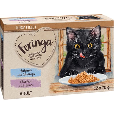24x70g Mixpakket: Zalm met Garnalen en Kip met Tonijn Feringa Juicy Fillet Katten Natvoer