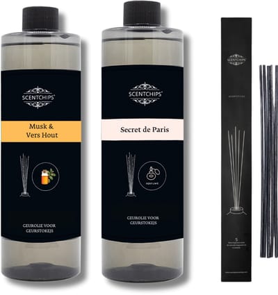 Navulling Musk Vers Hout + Secret de paris + Geurstokjes - Geurstokjes Navulling Set van 2 + 5 Geurstokjes - Geurverspreider - Luchtverfrisser - Huisparfum - 400ml x 2