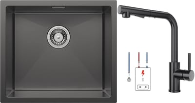 CECIPA max Spoelbak Keuken 50x44cm - Met keukenkraan met uittrekbare uitloop - RVS keuken gootsteen - inbouw gootsteen 1 kom met sifon