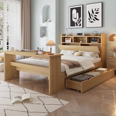 FloraGrace Bed 140x200 cm - Met Opbergruimte En Verstelbare Klaptafel - Hoofdbordplank En Lade - Kinderkamer - Hout - Naturel - Zonder Matras