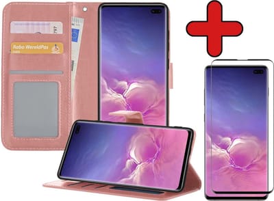 Hoesje - Met Screenprotector - Geschikt voor Samsung Galaxy S10 - Luxe Pasjeshouder - Flipcase - Bookcase Portemonee - Flip Case - Kunstleer Book Case - Book Cover - Walletcase - Portemonneehoes - Telefoonhoes - Rosé goud