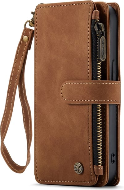 Casemania Hoesje Geschikt voor Apple iPhone 14 - Sienna Brown- Luxe Portemonnee Book Case met Rits