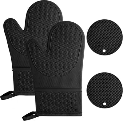 Ovenwanten en pannenlappen, ovenwanten van siliconen, waterdicht, 446 °F antislip, hittebestendige handschoenen, lange keukenhandschoenen voor koken grillen met 2 pannenlappen