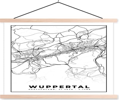 Posterhanger incl. Poster 90x60 cm - Schoolplaat - Stadskaart - Wuppertal - Plattegrond - Kaart - Textielposter - Blanke latten - Stadskaart