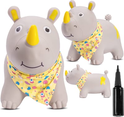 sun baby - Springdier met pomp vanaaf 1 jaar - Neushoorn - grijs met sjaal - max 50kg, duurzaam rubber, gecertificeerd, bpa-vrij, springpaard, springhond