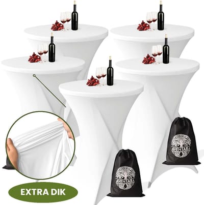 Statafelrok Wit x 5 – ∅80-85 x 110 cm met Opbergtas – Statafelhoes Stretch Stof – Kras- en Vouwvrije Statafel Rok Extra Dik – Sta Tafelrok - 5 Stuks – Statafelhoezen Voor Horeca, Evenementen, Feest, Bruiloft en Partijen