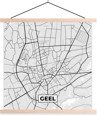 Posterhanger incl. Poster 40x40 cm - Schoolplaat - Zwart Wit – België – Plattegrond – Stadskaart – Kaart – Geel - Textielposter - Blanke latten - Stadskaart