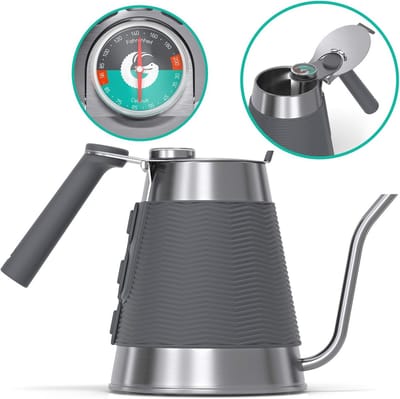 Coffee Gator True Brew Gooseneck Kettle, 1.5 Litres, Hob 17.8 cm and Induction Kettle with Integrated Thermometer