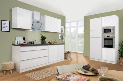 Goedkope keuken 335  cm - complete keuken met apparatuur Lorena  - Wit/Wit - soft close - keramische kookplaat    - afzuigkap - oven - magnetron  - spoelbak