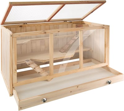 tectake® Houten Knaagdierenkooi met Huisje - Meerdere Verdiepingen voor Bewegingsvrijheid - Scharnierend Dakrooster - Etalage van Kunststofglas