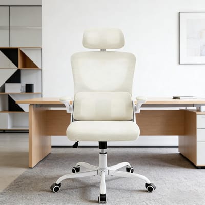 FloraGrace Bureaustoel met Wielen - Ergonomische Hoge Rugleuning - Voor Kantoor, Studie en Vergaderen - Mesh, Metaal en Schuim - Beige
