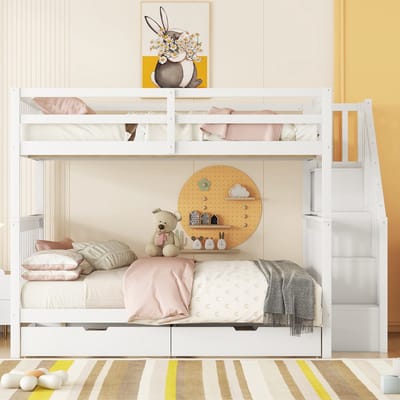 140x200cm stapelbed - trap boekenplank - voorzien van twee laden - hoge reling - wit - zonder matras
