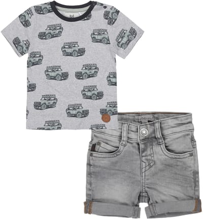 Koko Noko - Kledingset - 2delig - Grey Jeans - Shirt Grijs met landrovers - Maat 86