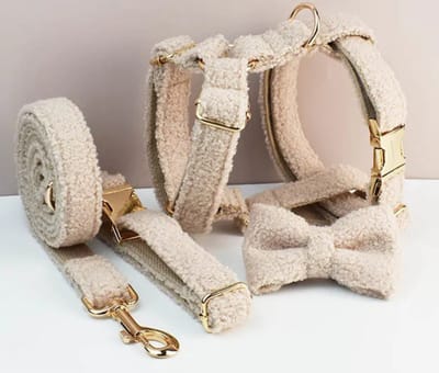 DreamPawz - Teddy Ready - 4-Delige Set met Tuigje, Halsband, Strik en Riem - Harnas voor kleine honden - Licht Beige - M