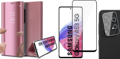 Hoesje geschikt voor Samsung Galaxy A53 - Book Case Spiegel Wallet Cover Hoes Roségoud - Full Tempered Glass Screenprotector - Camera Lens Protector