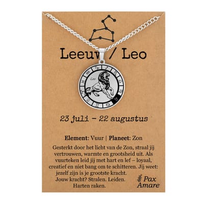 Leeuw / Leo Sterrenbeeld Ketting op Cadeau Kaartje - Zilverkleurig - RVS - Spiritueel Cadeau - 60cm - Pax Amare
