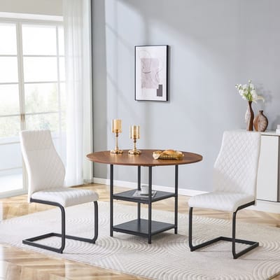 OKWISH Eethoek 107 Cm - Ronde Eettafel Met Dubbele Opbergruimte En 2 Eetkamerstoelen - MDF Metaal PU - Walnoot Wit Zwart