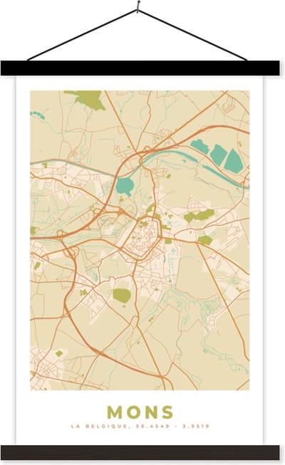 Posterhanger incl. Poster 40x60 cm - Schoolplaat - Plattegrond - Kaart - België - Stadskaart - Vintage - Mons - Textielposter - Zwarte latten - Stadskaart