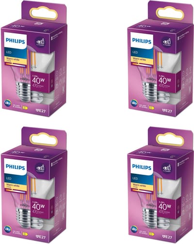 Philips Voordeelverpakking - E27 - LED Kogellamp - Helder - 40W - Niet Dimbaar - Warmwit Licht - Set van 4 Stuks