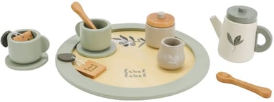 Label Label Houten Theeset - Houten Serviesset - Inclusief Theepot Kopjes en Accessoires - Stimuleert Fantasierijk Rollenspel - Vanaf 18 Maanden - Olijfgroen