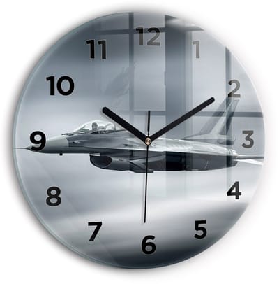 Wallfluent Wandklok - Militaire vliegtuigen Stijlvolle Klok - 30 cm x 30 cm - Grijs Wandklok - Zwarte Handen - Wandklok Met Cijfers - Wandklok Glas Woonkamer - Ronde Glazen Wandklok - Industrieel Wandklok - Stijlvolle Klok