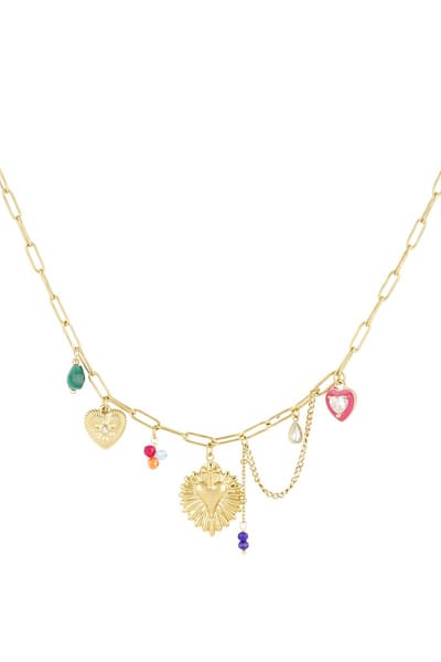 Colorful Joy Ketting - Stainless Steel - Yehwang - Goudkleurig - Met bedels - Hartjes en Kraaltjes - Verkleurt niet - Cadeau ketting