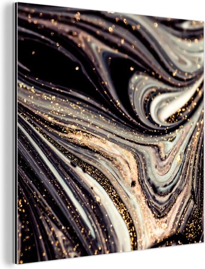 Wanddecoratie Metaal - Aluminium Schilderij Industrieel - Marmerlook - Zwart - Goud - Wit - Glitter - Marmer - 90x90 cm - Dibond - Foto op aluminium - Industriële muurdecoratie - Voor de woonkamer/slaapkamer