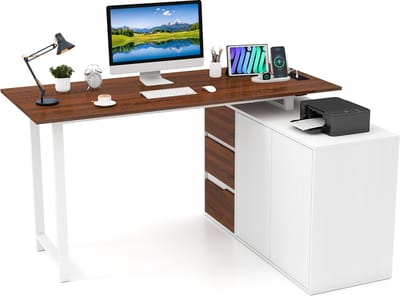 COSTWAY L-vormig bureau met laadstation en archiefkast, hoekbureau omkeerbaar met 3 laden en 2 deuren, computertafel van hout met metalen frame voor thuis en op kantoor (bruin)