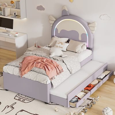 DESMIU Kinderbed 90x200 cm – Eenhoornvormig Hoofdbord – Met Uitschuifbed En Lade – Voor Kinderkamer – PU En MDF – Violet – Zonder Matras