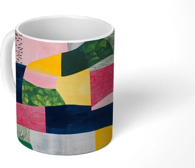 Mok - Koffiemok - Abstract - Roze - Lappen - Vormen - Geel - Mokken - 350 ML - Beker - Koffiemokken - Theemok