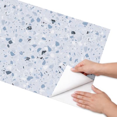 Coloray Meubel Wrap Folie - Blauw Meubelfolie - 50x100 cm - Plakfolie Meubels Terrazzo mozaïek - Decoratiefolie Zelfklevend - Minimalist Meubelfolie - Meubelfolie Zelfklevend - Badkamer decoratie - Achtergronden en patronen