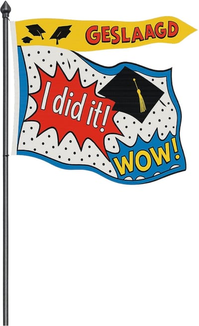 Geslaagd Vlag met Wimpel – 60x90 cm + 15x105 cm – I Did It! WOW! – Inclusief GESLAAGD Wimpel – Vrolijke Pop-Art Stijl