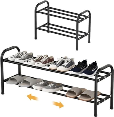 Uittrekbaar schoenenrek voor hal, verstelbaar en ruimtebesparend, metalen schoenenorganizer met 2 niveaus