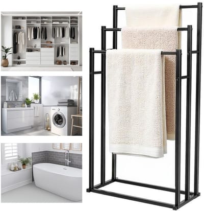 Vrijstaande Handdoekenstandaard Zwart 3 Stangen Zonder Boren – Gegalvaniseerd Staal 15 kg Draagkracht 5 kg per Stang – Luxe Badkamerrek voor Handdoeken Badjassen & Kleding – Voor Badkamer Slaapkamer Wasruimte & Kleedkamer – Afmetingen 86x21x44 cm
