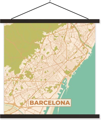 Posterhanger incl. Poster 60x60 cm - Schoolplaat - Kaart - Barcelona - Stadskaart - Vintage - Plattegrond - Textielposter - Zwarte latten - Stadskaart