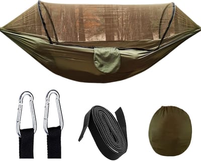 Draagbare campinghangmat - Outdoor hangmat - Ontspannen buiten - Met muggennet - 260 x 140 cm - Legergroen