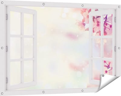 Gards Tuinposter Doorkijk Roze Bloesemboom met Zonneschijn - 120x80 cm - Tuindoek - Tuindecoratie - Wanddecoratie buiten - Tuinschilderij
