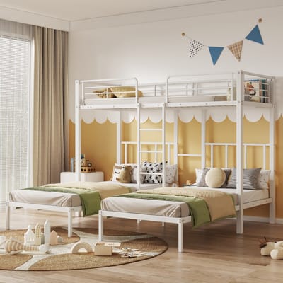MODFU Drievoudig etagenbed 90x200 cm van metaal – wit – met ladder, uitvalbeveiliging en tafel – 3 slaapplaatsen