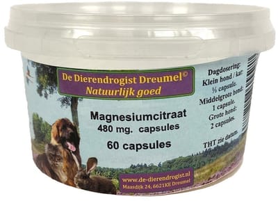 Magnesium Citraat Capsules 480mg - DIERENDROGIST - Aanvullend Voedingssupplement - 60 Stuks voor Honden en Katten