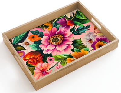 Dienblad hout 40x30 cm - Schootdienblad - Bloemen - Kleurrijk - Roze - Borrelplank rechthoek - Plateau dienbladen